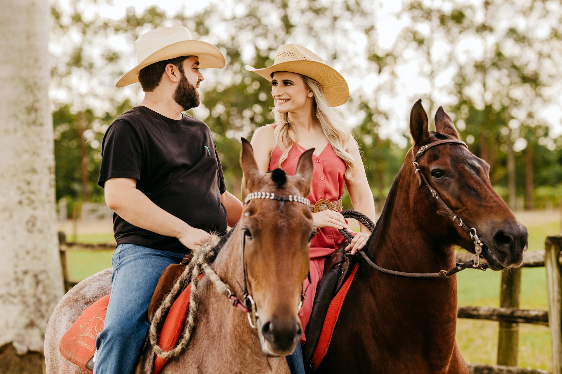 Caucasian couple paired by matchmakers in Savannah riding horses