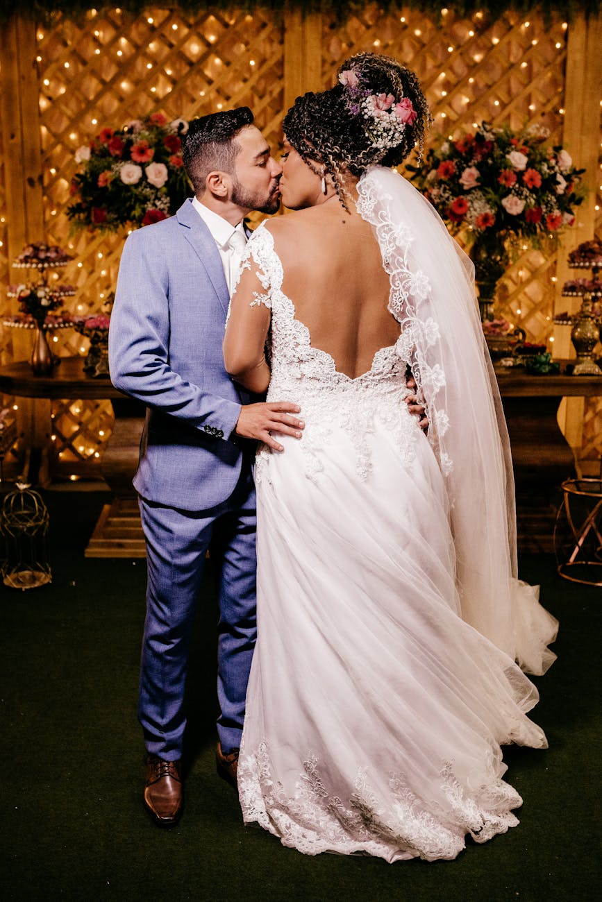 Newlywed interracial couple introduced by matchmakers in Las Vegas kissing